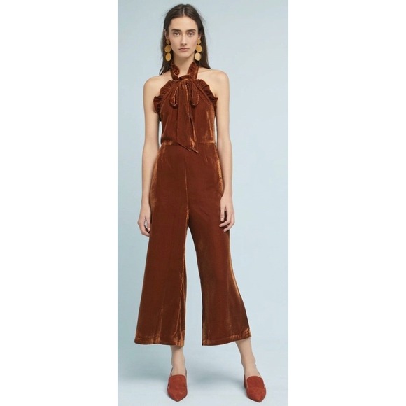 Anthropologie Pants - Anthropologie Kristinit Velvet Halter Jumpsuit Rust Orange Tie Neck Wide Leg M